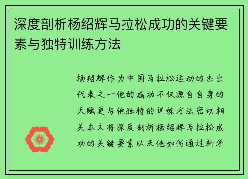 深度剖析杨绍辉马拉松成功的关键要素与独特训练方法